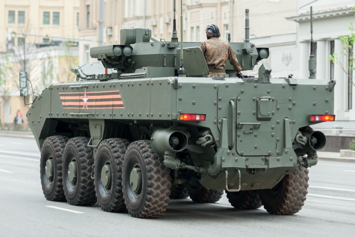 rear view of bumerang 8x8 armored personnel carrier moving on road