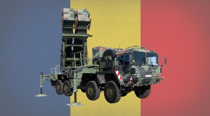 MIM-104 Patriot surface-to-air missile system with romanian flag in background