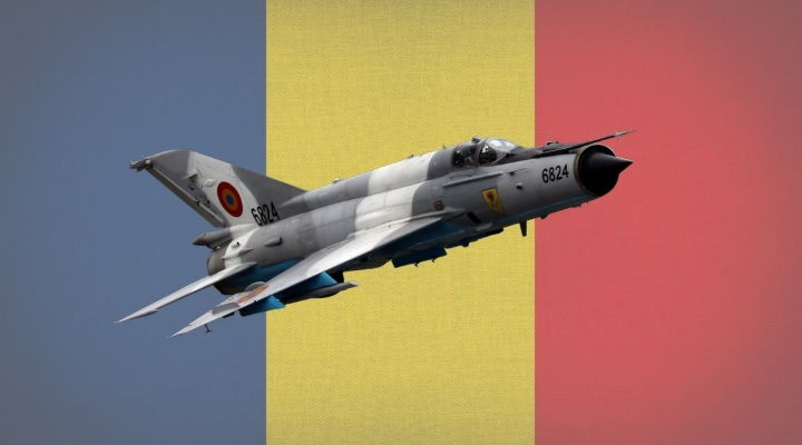 Romanian MiG-21 LanceR fighter aircraft with romanian flag in background