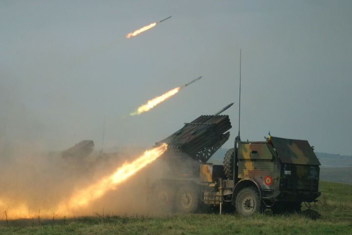 Romanian LAROM multiple rocket launcher firing 122 mm rockets