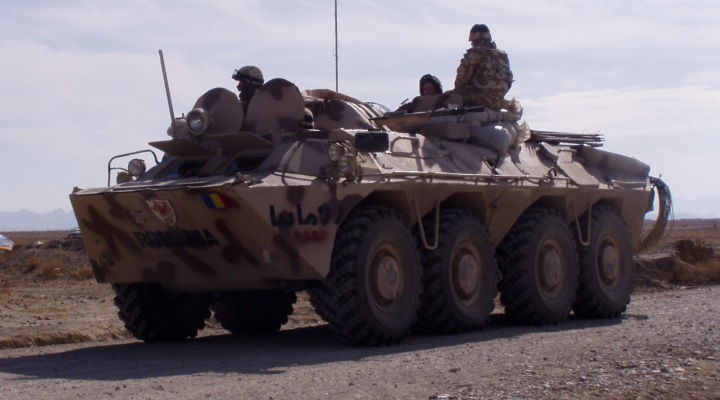 romanian tab-77 8x8 armoured personnel carrier in patrol mission