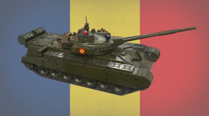 Scale model of Romanian TR-125 main battle tank with romanian flag as background
