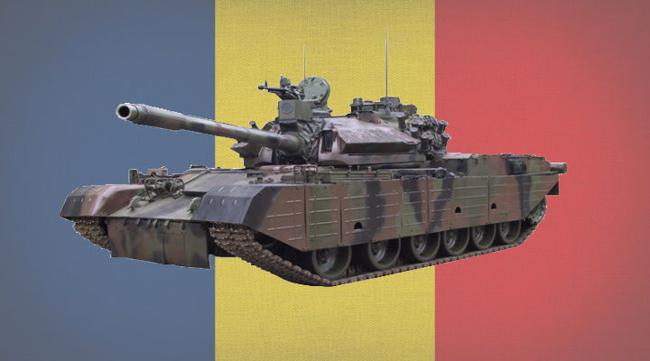 romanian tr-85m1 bizonul main battle tank with romanian flag as background image