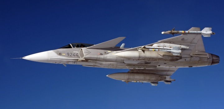 a czech air force saab jas 39 gripen fighter aircraft in flight